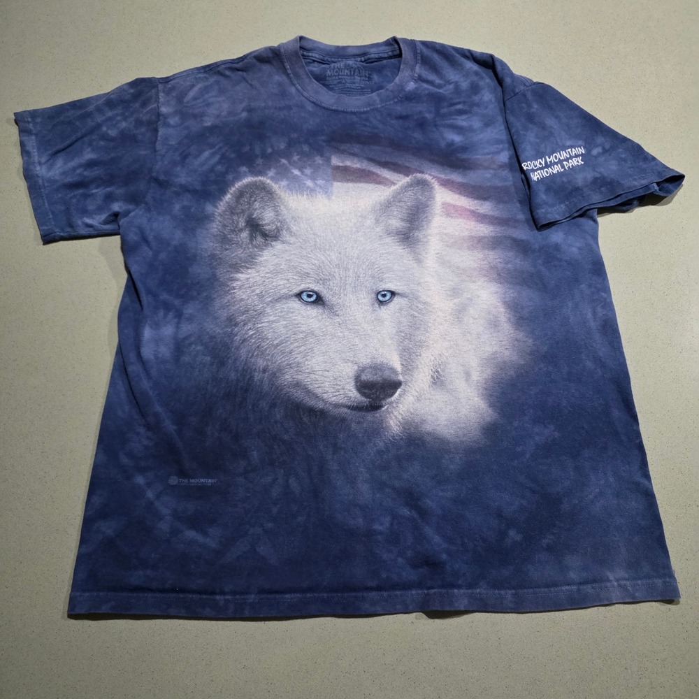 The‎ Mountain Mens Wolf American Flag Tie Dye T-Shirt Blue Rocky Mountain Large